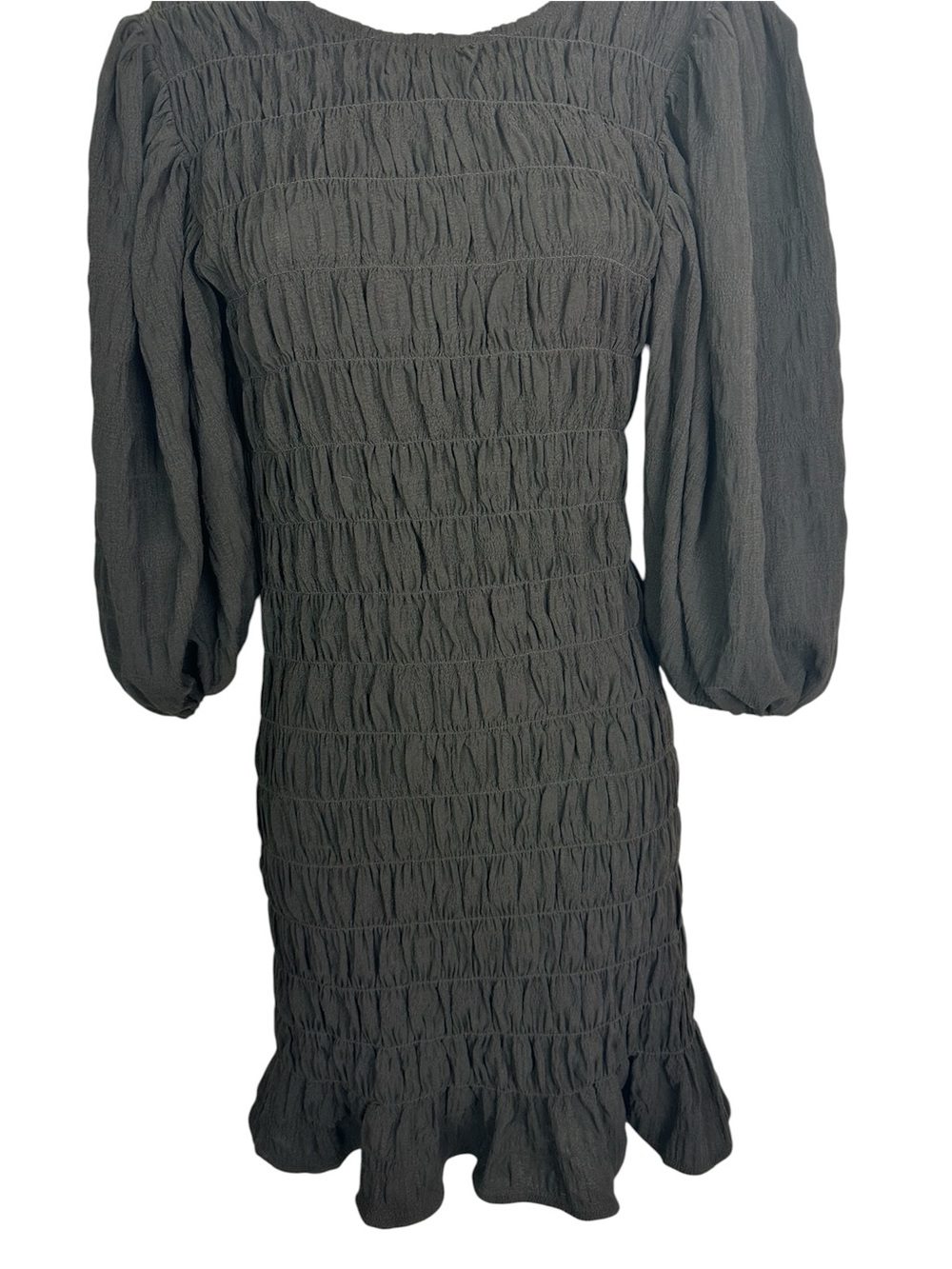 Lush Charcoal Smocked Puff-Sleeve Mini Dress